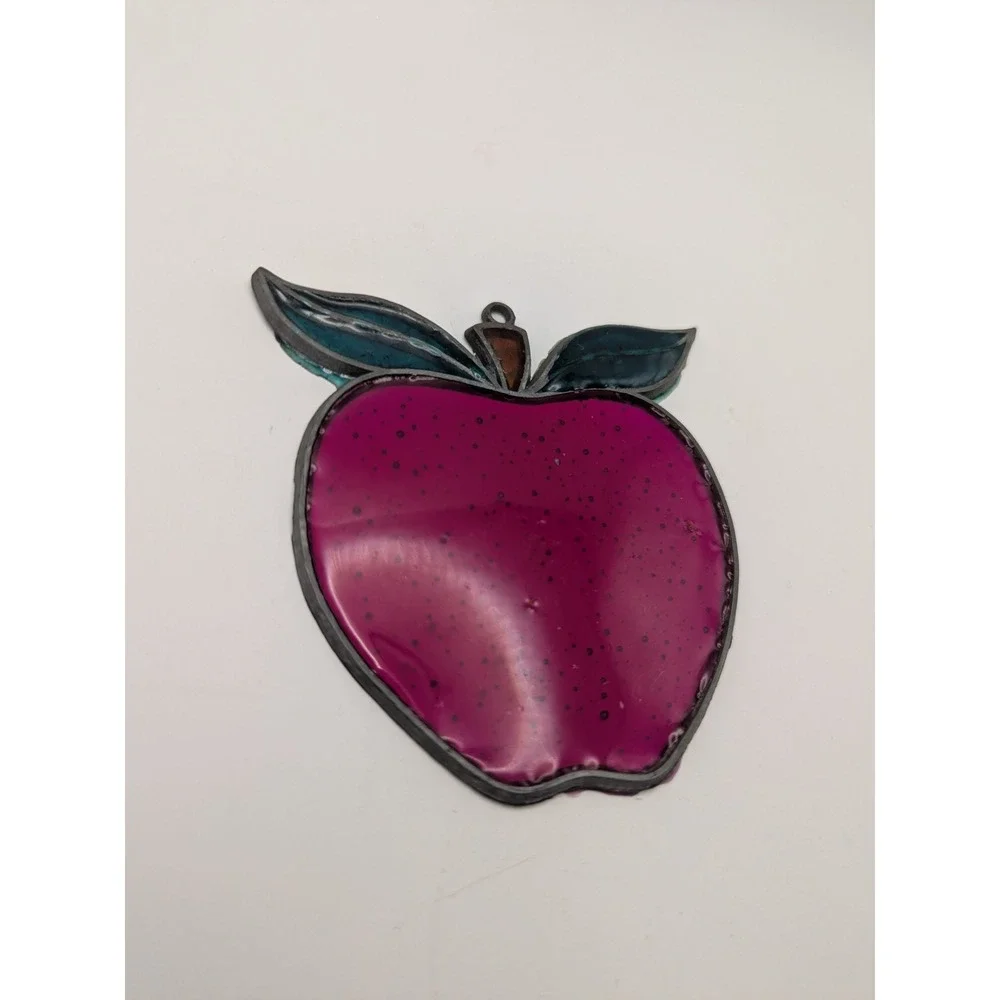 Vintage Stained Apple Sun Catcher‎ Window Ornament Pink Teal Leaves 3.5x3.5